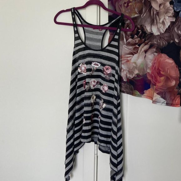 ted baker grey striped pink floral tank top shirt size 0 nwot - Picture 1 of 6
